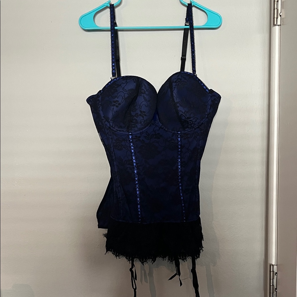 Elegant Black and Blue Lace Bustier with Thong